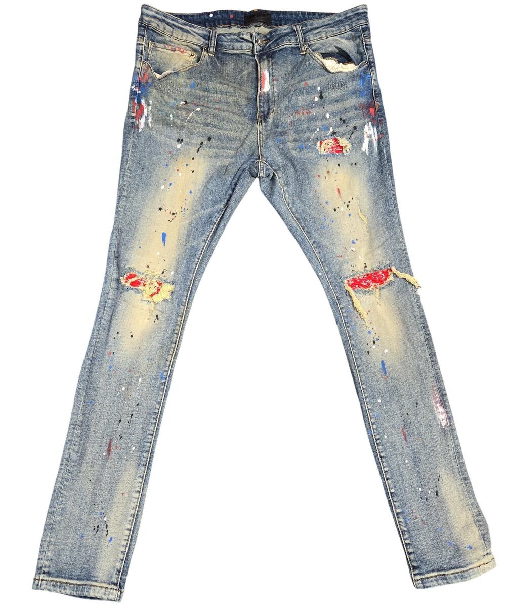 Tulones Jeans Mens 42x32 Blue Skinny Paint Splatter Distressed Denim Pants
